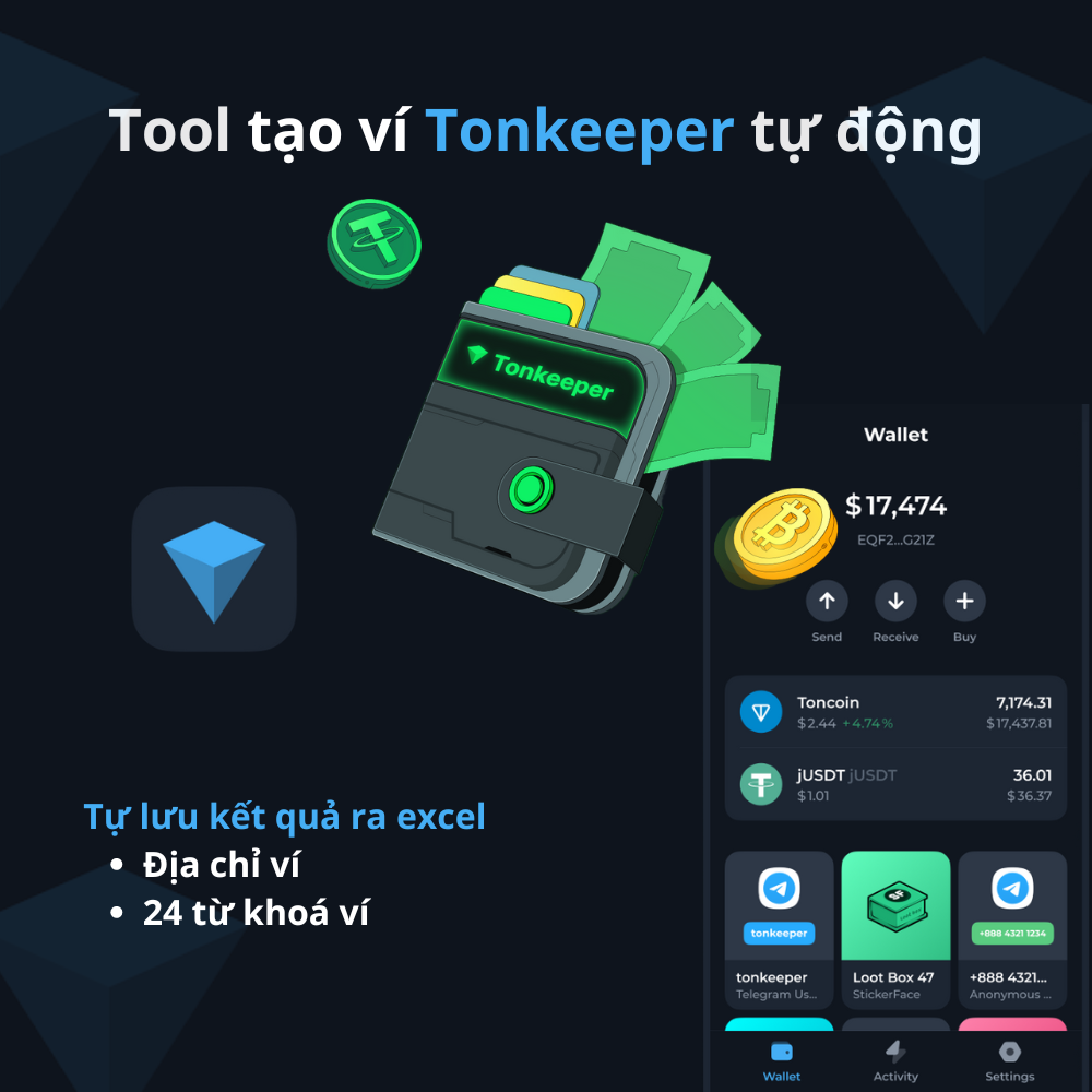 Tool tạo ví Tonkeeper tự động - Tonkeeper Create Wallet Auto Tool - Tự lưu kết quả địa chỉ ví + 24 từ khoá ra excel