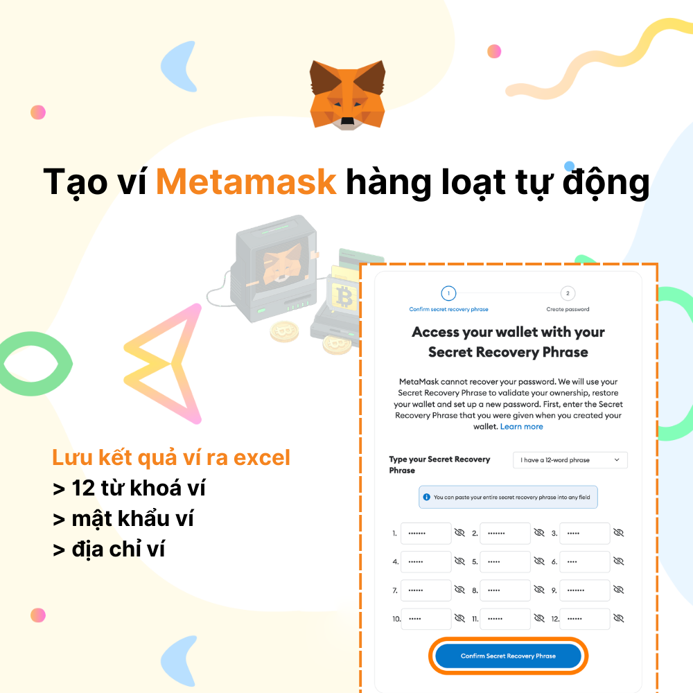 Tool tạo ví/backup ví Metamask tự động - Metamask Create/Backup Wallet Auto Tool - Tự lưu kết quả địa chỉ ví + 12 từ khoá ra excel