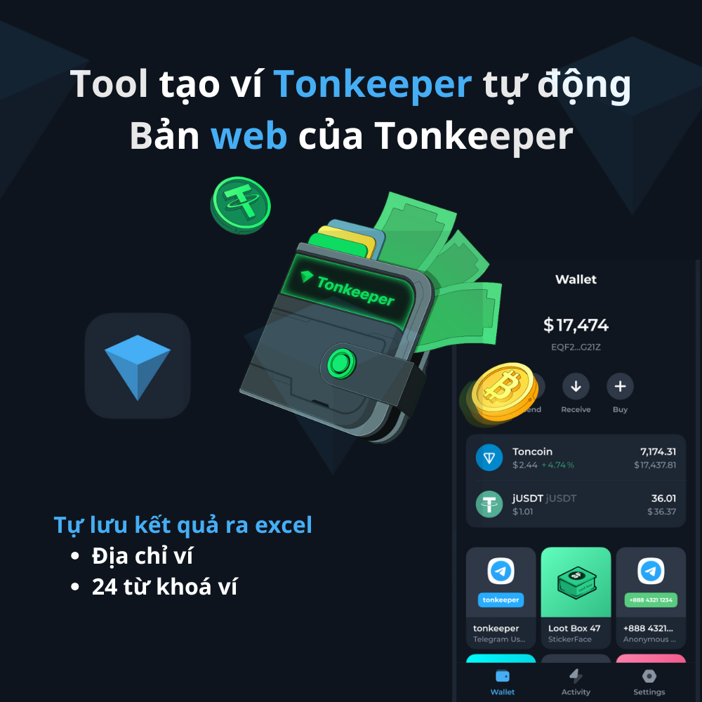 (Tonkeeper Web) Tool tạo ví/backup ví Tonkeeper tự động - Tonkeeper Create Wallet Auto Tool - Tự lưu kết quả địa chỉ ví + 24 từ khoá ra excel