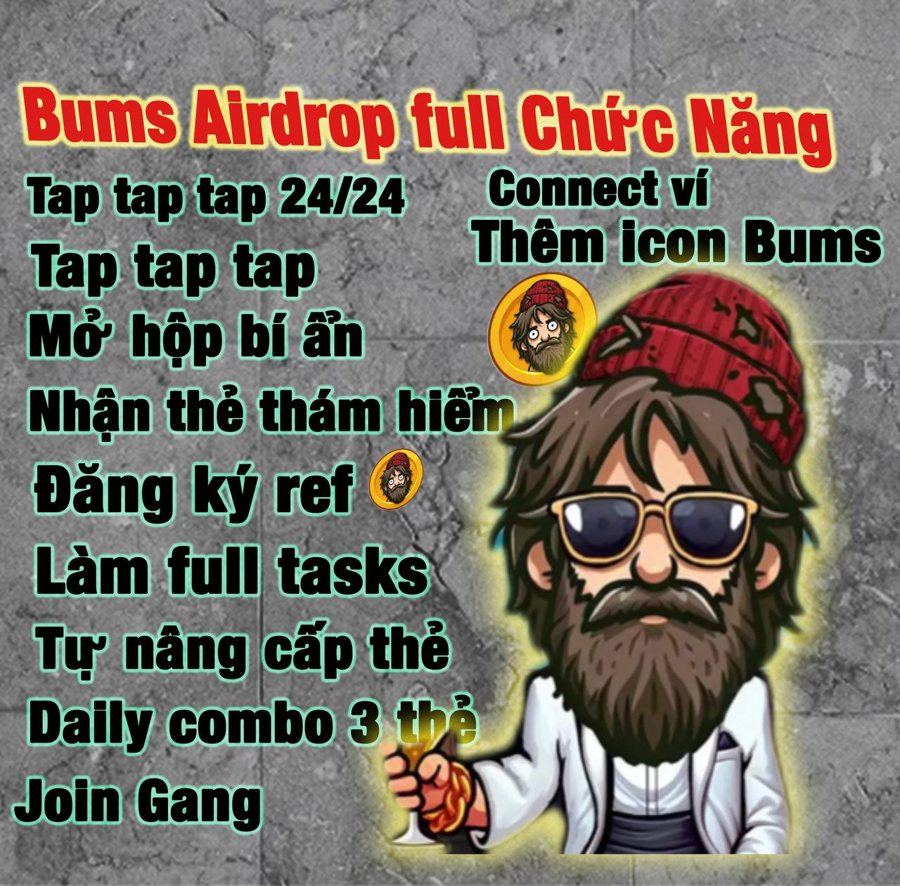 Bums Airdrop Full Chức Năng ! ( Tap tap , Nhận quà bí ẩn , Làm full tasks , Tự động nâng cấp thẻ , Daily combo 3 thẻ hằng ngày , Connect ví Ton , Thêm Icon bUMS......)