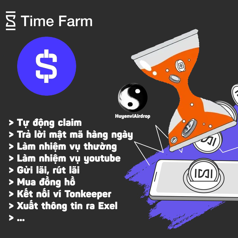 Airdrop TimeFarm(Claim, Chơi Giải Ngày, Làm Nhiệm Vụ Thường Và Youtube, Gửi Lãi Suất, Mua Đồng Hồ, Chạy Ref) - Tool tự động làm Airdrop Time Farm - Time Farm Trang Trại Thời Gian Automation Tool