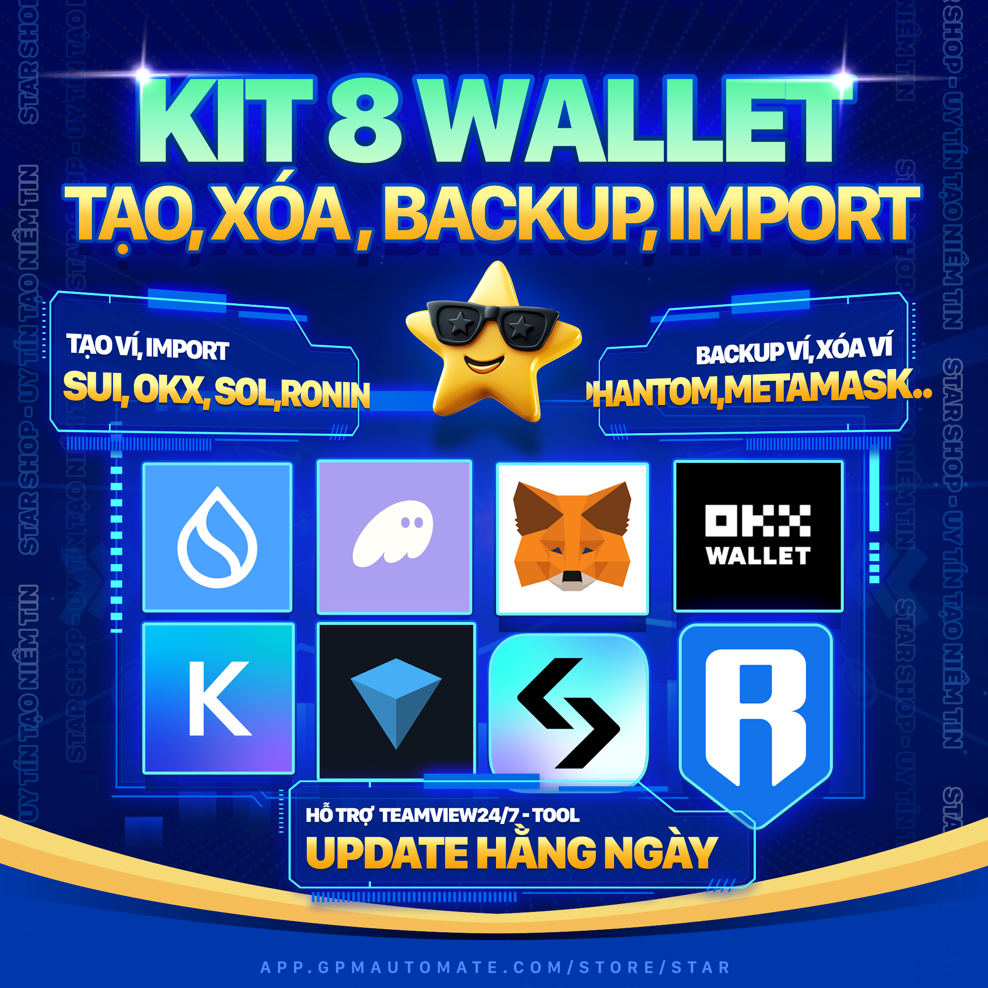 Bộ KIT 8 Ví Crypto | All Wallet: Tạo, Xóa, Import, BackUp | SUI, Phantom, Metamask, OKX, Bitget, Ronin, Solana, Tonkeeper