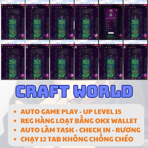 Craft World - Full option, auto game, auto reg, auto task - checkin - mở rương - không chồng tab