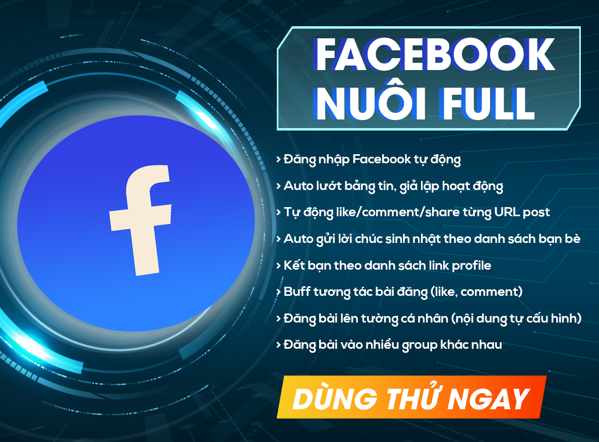Facebook Full Chức năng, đăng nhập, vượt Captra Hình ảnh, đăng Bài, lướt Feed, Xem tin, tương tác UID, Chúc mừng sinh nhật, kết bạn theo UID , Tương tác user, Tương tác Group, All đều random delay tương tác như người thật, Full tính năng